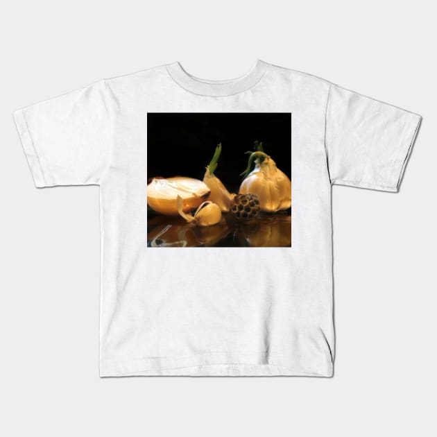 Garlic, Onion, and Honey 2 - Baroque Inspired Dark Still Life Photo Kids T-Shirt by GenAumonier